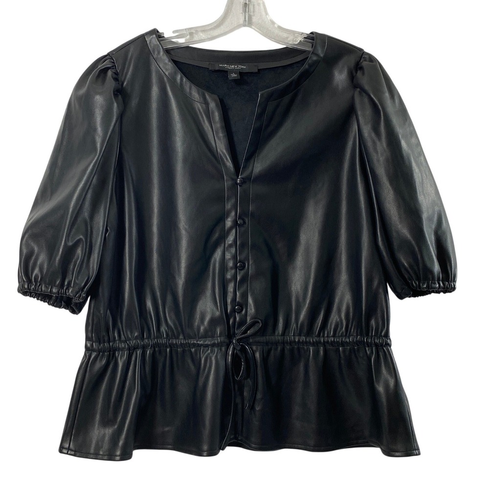 Womens Large Black Faux Leather Top Goth Biker Edgy Puff Sleeve Drawstring Waist